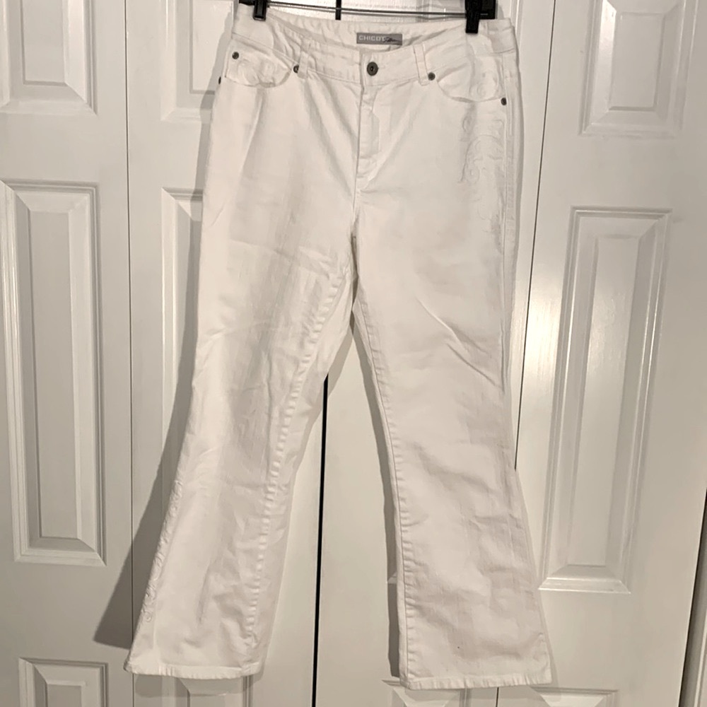 Chico’s Platinum collection. White embroidered denim jeans size 10